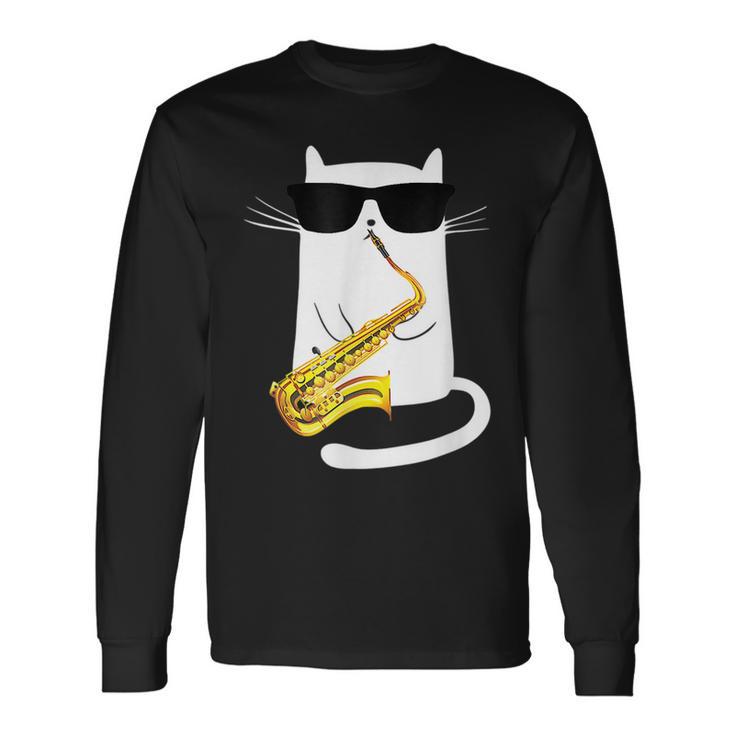 Cat Wearing Sunglasses Playing Saxophone Long Sleeve T-Shirt