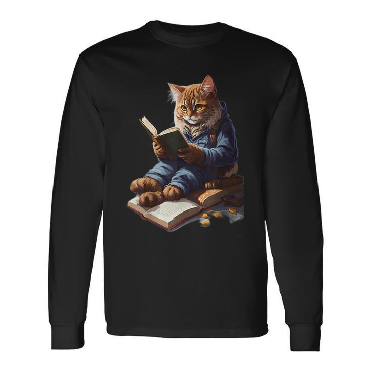 Cats Reading A Book Graphic Cat Kitten Lovers Long Sleeve T-Shirt