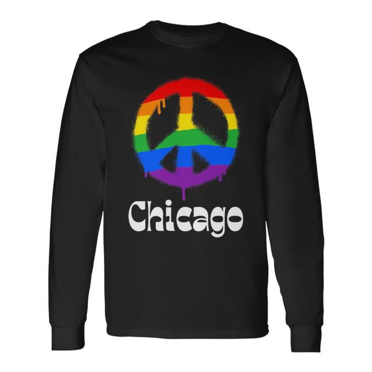 Chicago Gay Pride Lgbtq Lgbt Retro Groovy Peace Sign Long Sleeve T-Shirt T-Shirt