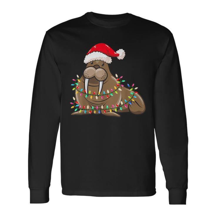 Christmas Lights Walrus Wearing Xmas Hat Walrus Lover Long Sleeve T-Shirt