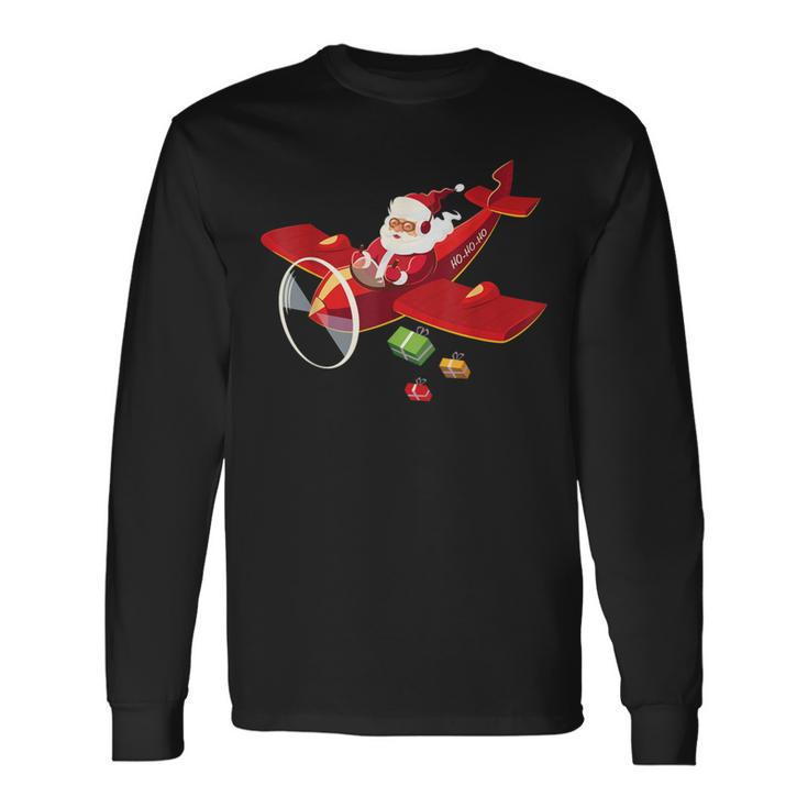 Christmas Santa Claus Pilot Flying Airplane Long Sleeve T-Shirt
