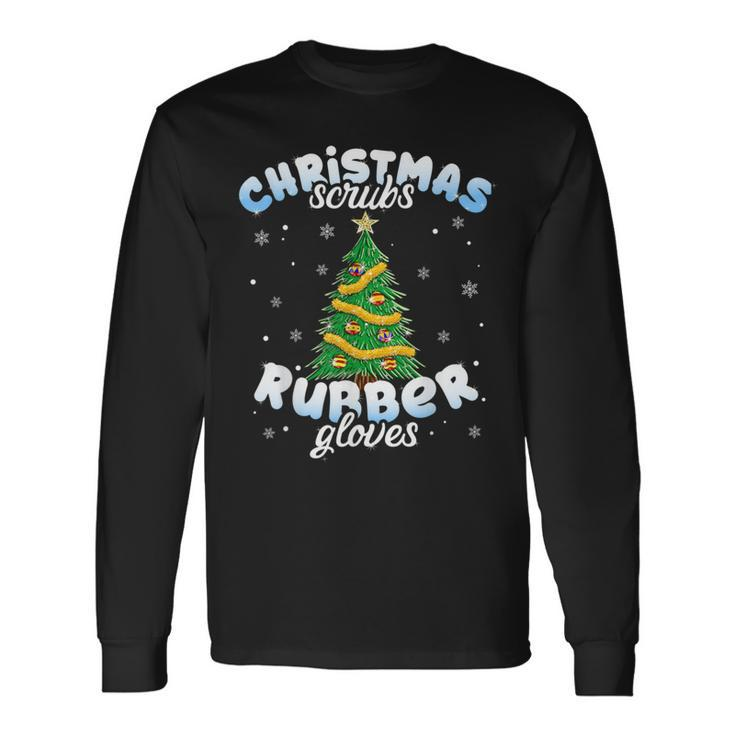 Christmas Scrubs Rubber Gloves Scrub Top Cute Tree Lights Long Sleeve T-Shirt