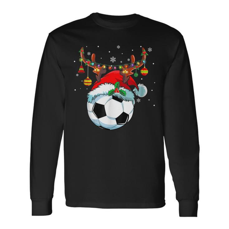 Christmas Soccer Player Santa Hat Lights Ball Xmas Pajama Long Sleeve T-Shirt