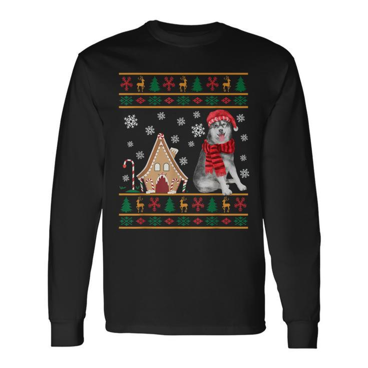 Christmas Ugly Sweater Siberian Husky Santa Hat Reindeers Long Sleeve T-Shirt