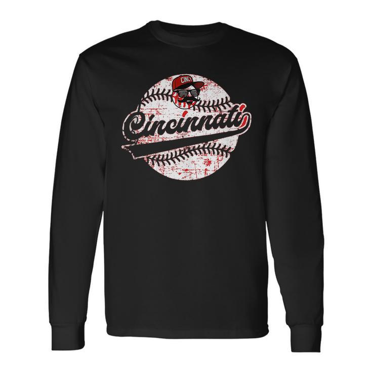 Cincinnati Baseball Heart Distressed Vintage Baseball Fans Long Sleeve T-Shirt