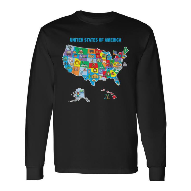 Colorful United States Of America Map Us Landmarks Icons Long Sleeve T-Shirt