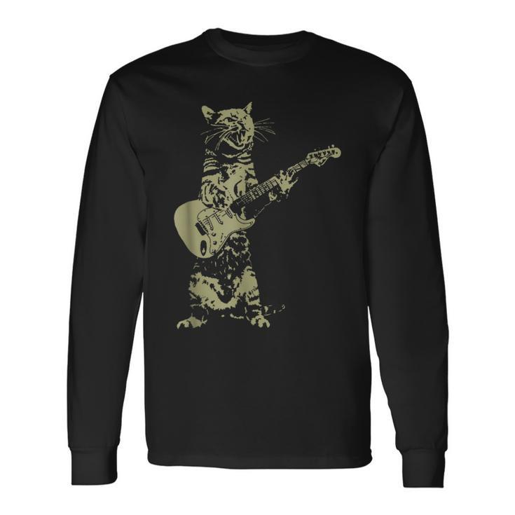 Cool Cat Playing On Acoustic Guitar Cat Lover Long Sleeve T-Shirt