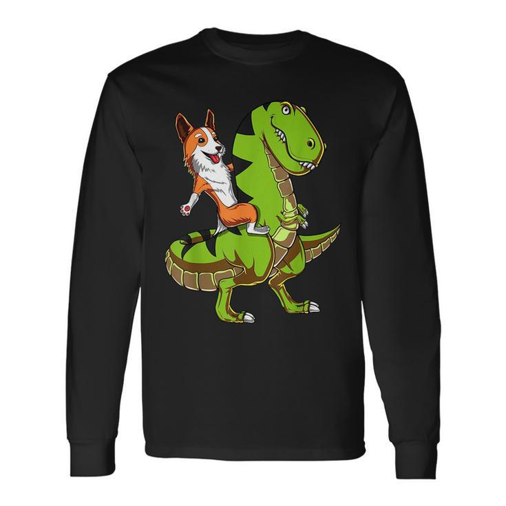 Corgi Dog Riding T-Rex Dinosaur Long Sleeve T-Shirt T-Shirt