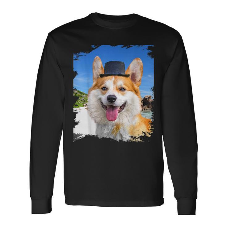 Corgi Face Dog Dogs Wearing Hat At Beach Cute Long Sleeve T-Shirt T-Shirt