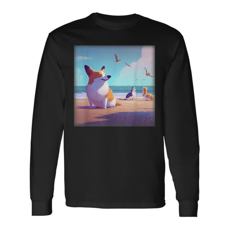 Corgi Meeting Seagulls On The Beach Animal Lover Long Sleeve T-Shirt T-Shirt