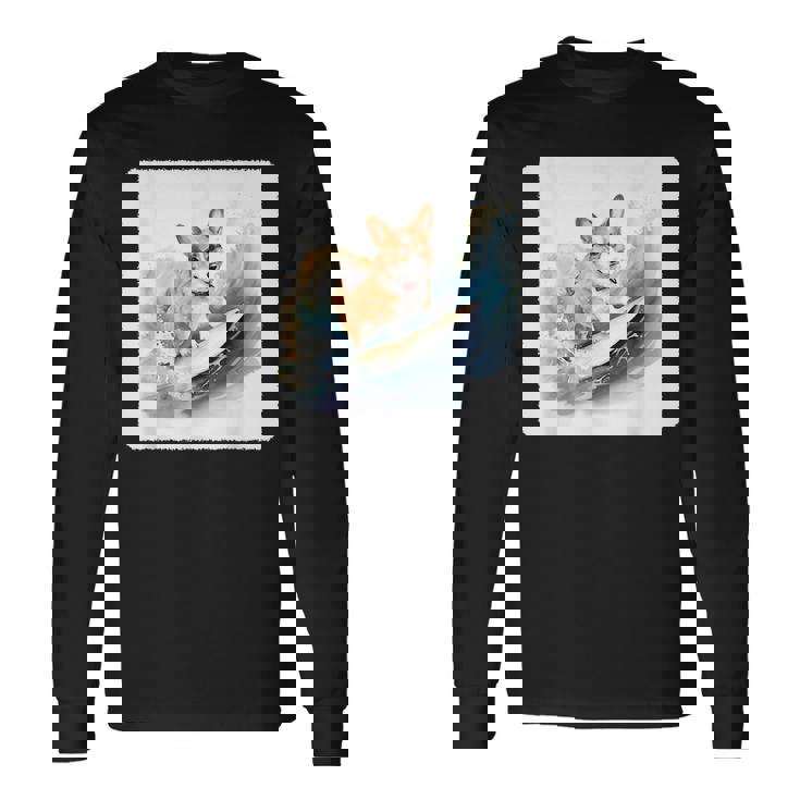 Corgi Surfing Wave Dog Surfing Corgi At The Beach Long Sleeve T-Shirt T-Shirt