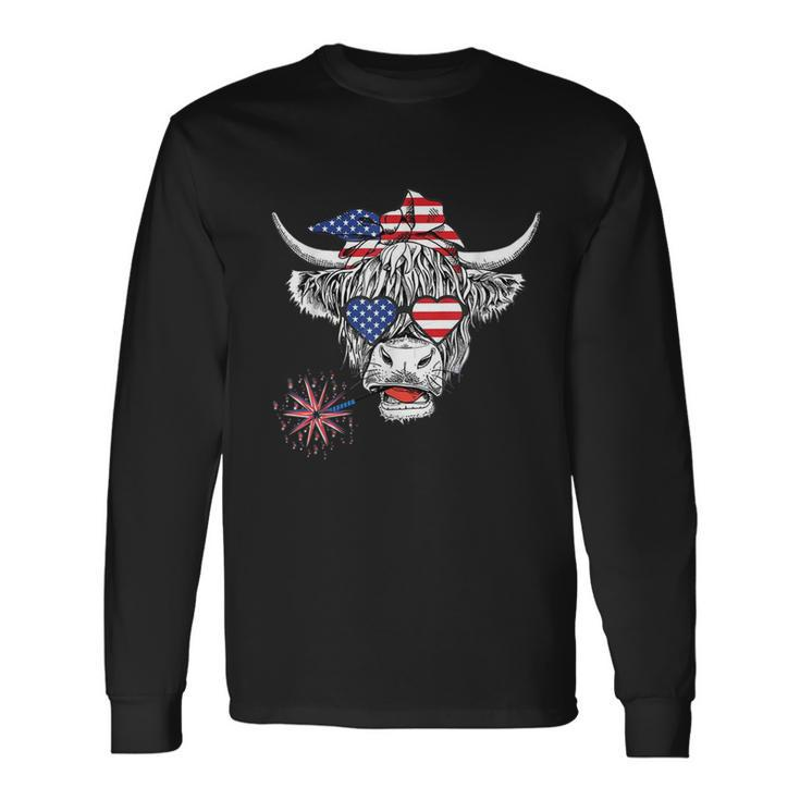 Cow Usa Flag 4Th Of July Patriotic Heifer Highland Cow Lover Long Sleeve T-Shirt T-Shirt