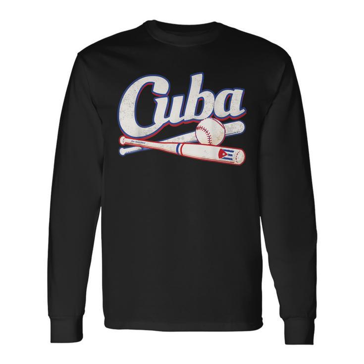 Cuban Baseball Fan Team Cuba Distressed Vintage Flag Graphic Long Sleeve T-Shirt