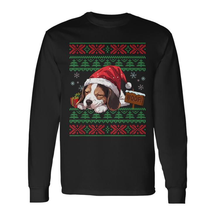 Cute Beagle Dog Lover Santa Hat Ugly Christmas Sweater Long Sleeve T-Shirt