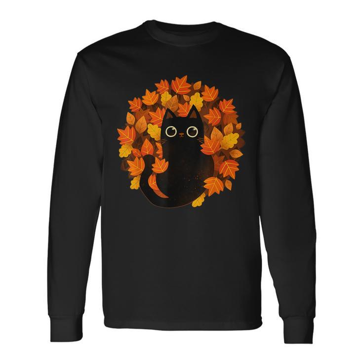 Cute Black Cat Autumn Leaves Season Thanksgiving Cat Lover Long Sleeve