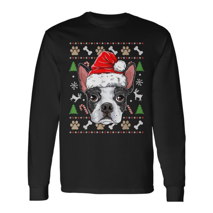 Cute Boston Terrier Ugly Christmas Sweater Santa Hat Xmas Long Sleeve T-Shirt