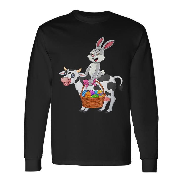 Cute Bunny Riding Cow Happy Easter Cow Lover Long Sleeve T-Shirt