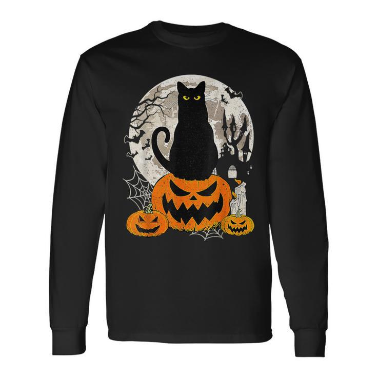 Cute Cat Black On Jack O' Lantern Retro Halloween Costume Long Sleeve T-Shirt