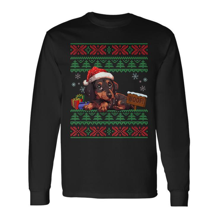 Cute Dachshund Dog Lover Santa Hat Ugly Christmas Sweater Long Sleeve T-Shirt