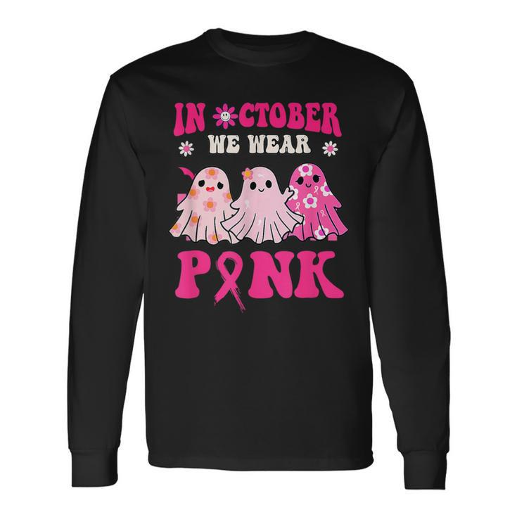 Cute Ghost Wednesday We Wear Pink Halloween Breast Cancer Long Sleeve T-Shirt