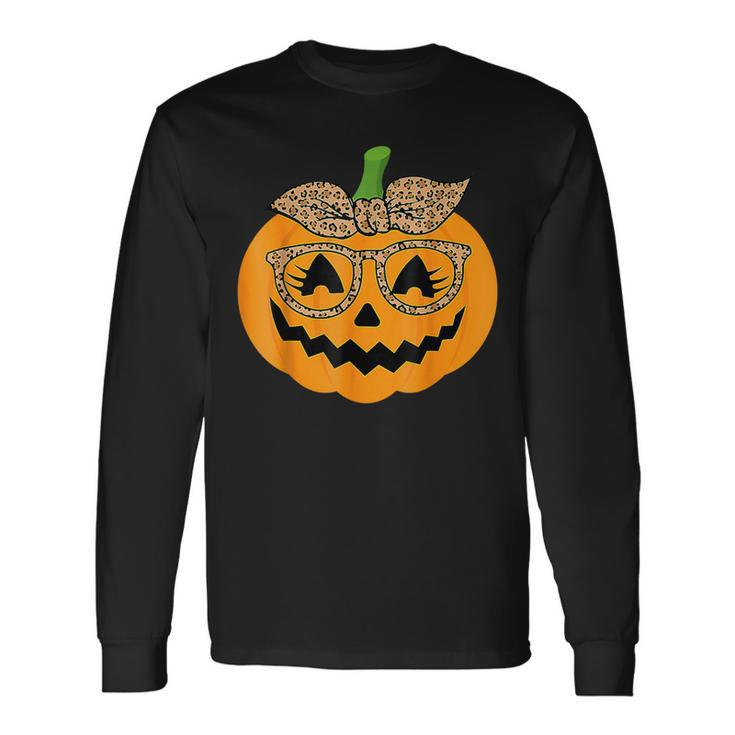 Cute Pumpkin Leopard Glasses And Bandana Halloween Costume Long Sleeve T-Shirt