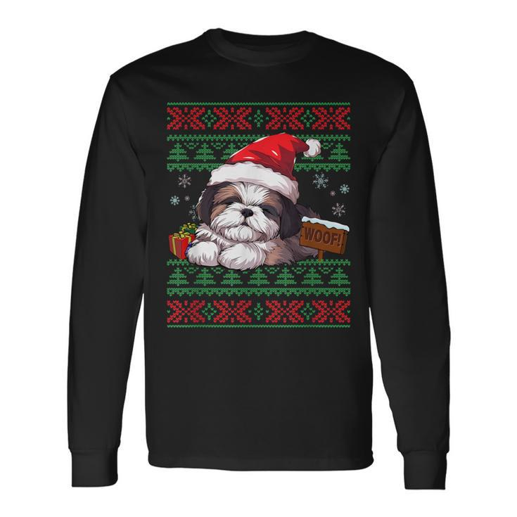Cute Shih Tzu Dog Lover Santa Hat Ugly Christmas Sweater Long Sleeve T-Shirt