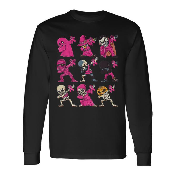 Dabbing Halloween Skeleton Pumpkin Breast Cancer Awareness Long Sleeve T-Shirt Gifts ideas