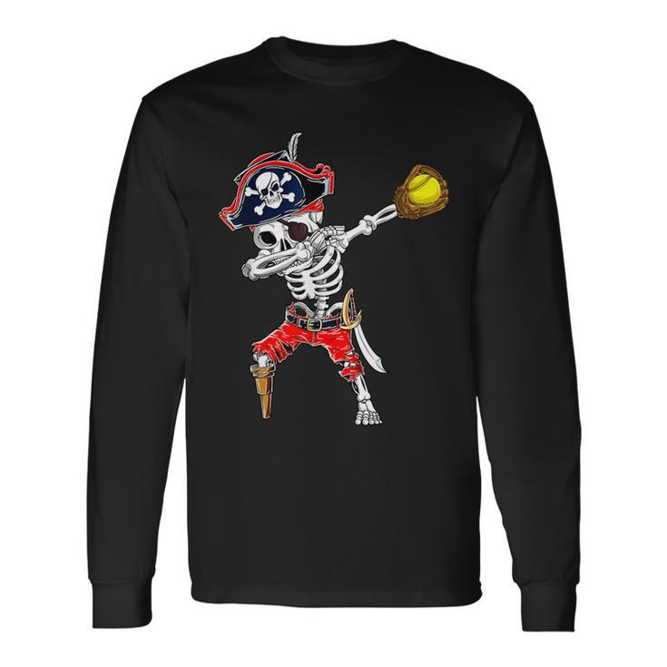 Dabbing Skeleton Pirate & Softball Ball Halloween Costume Long Sleeve T-Shirt
