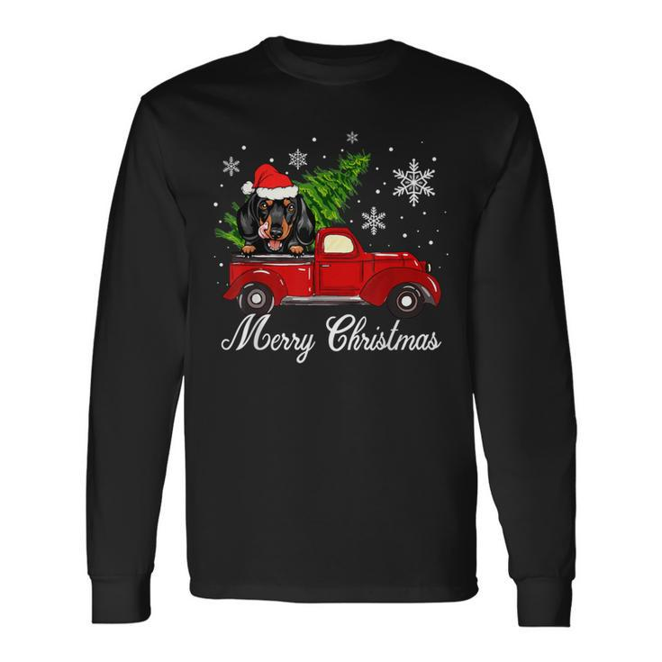 Dachshund Dog Riding Red Truck Christmas Decorations Pajama Long Sleeve T-Shirt