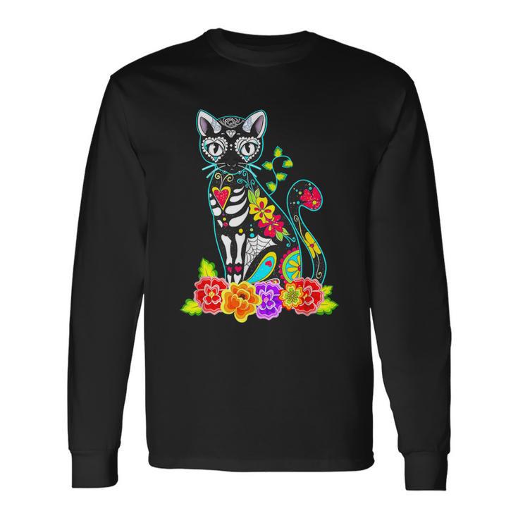 Dia De Los Muertos Cat Figurine Day Of The Dead Long Sleeve T-Shirt