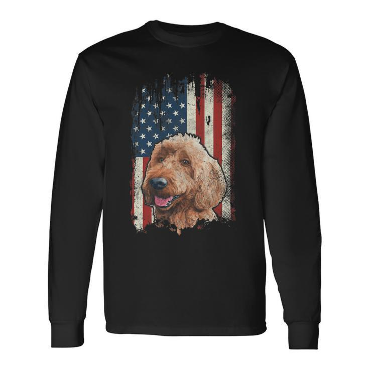 Distressed Goldendoodle American Flag Patriotic Dog Long Sleeve T-Shirt