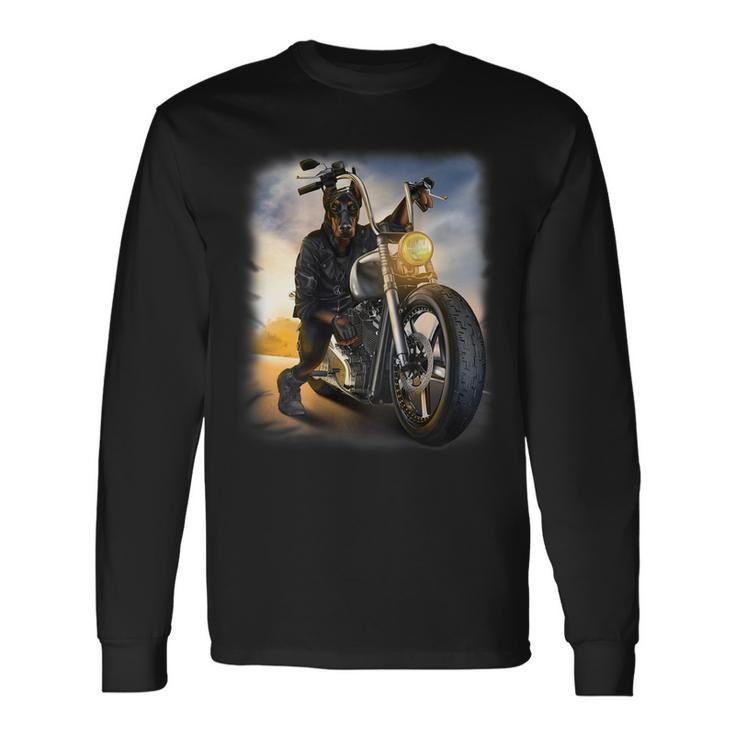 Doberman Dog Riding Chopper Motorcycle Long Sleeve T-Shirt