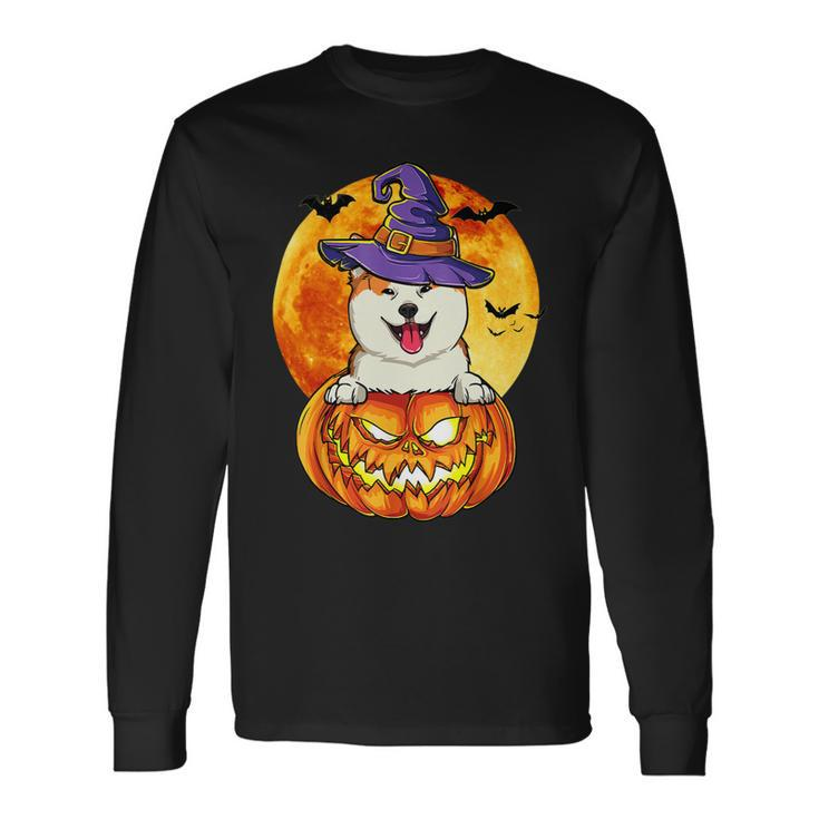 Dog Akita Witch Pumpkin Halloween Dog Lover Long Sleeve T-Shirt