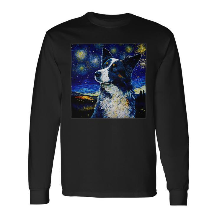 Dog Border Collie Surrealism Starry Night Border Collie Dog 1 Long Sleeve T-Shirt