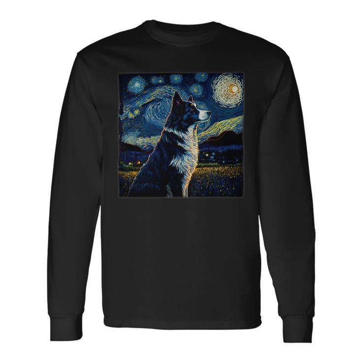 Dog Border Collie Surrealism Starry Night Border Collie Dog Long Sleeve T-Shirt