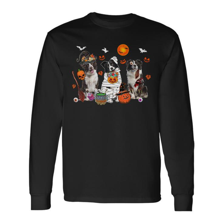 Dog Border Collie Three Border Collie Dogs Witch Scary Mummy Halloween Zombie Long Sleeve T-Shirt