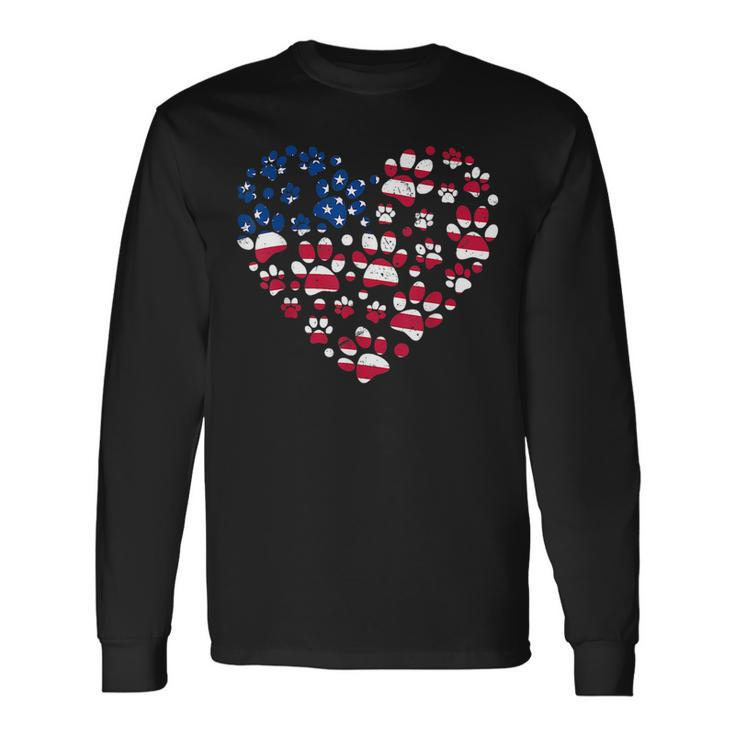 Dog Paw Prints Heart Us American Flag 4Th Of July Patriotic Long Sleeve T-Shirt