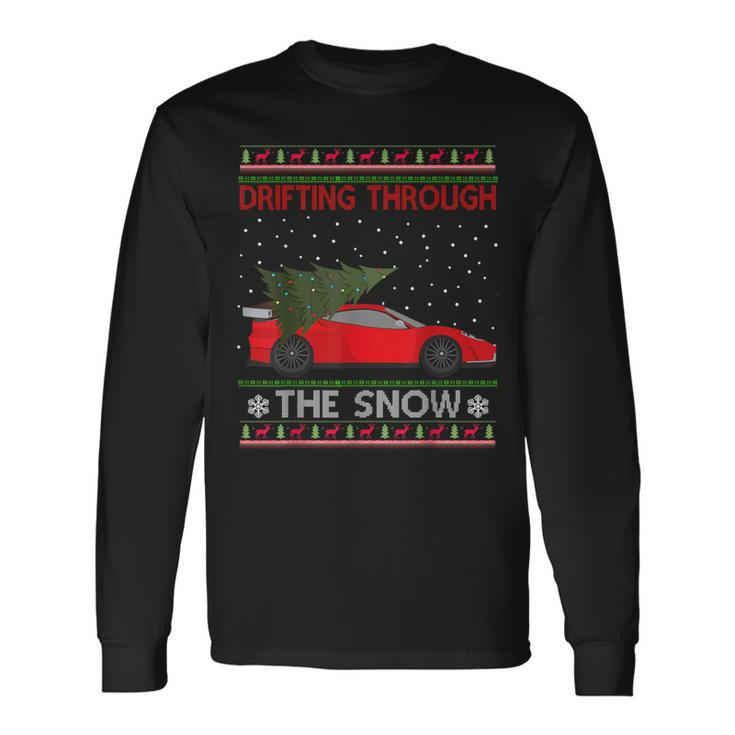 Drifting Through The Snow Ugly Christmas Sweater Tree Car Long Sleeve T-Shirt