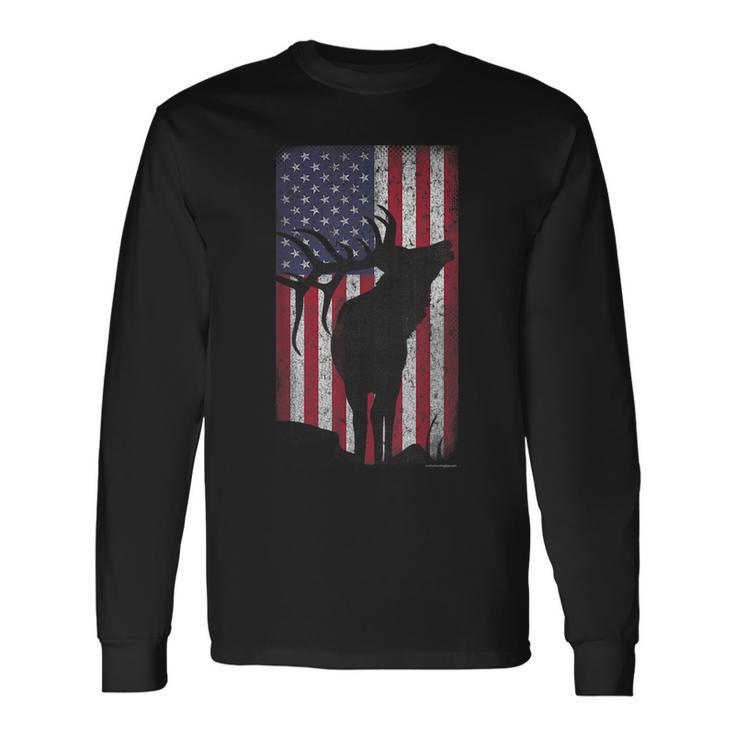 Elk Hunting Bugling Bull Us Flag American Retro Long Sleeve T-Shirt