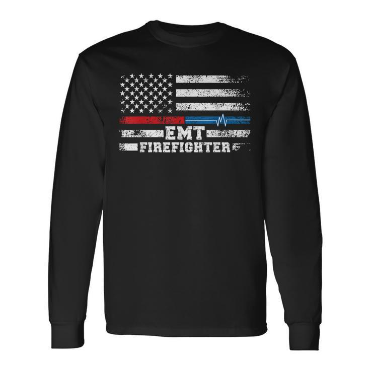 Emt Firefighter American Flag Proud Firefighter Emt Long Sleeve T-Shirt