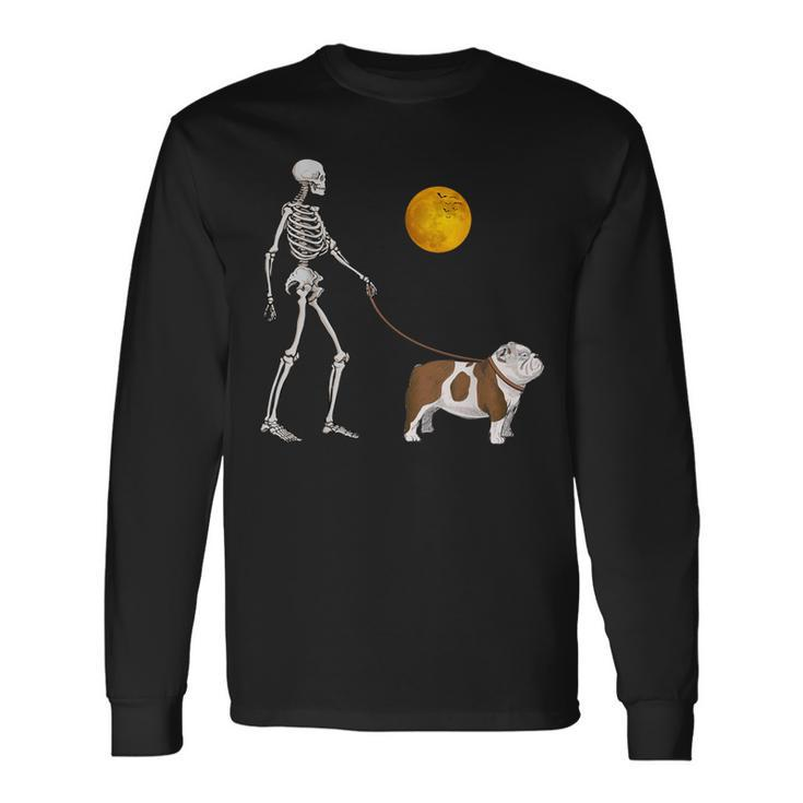 English Bulldog Skeleton Dog Walking Halloween Costume Long Sleeve T-Shirt