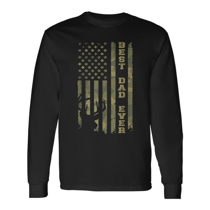 Fathers Day Best Dad Ever Vintage Camo Usa Flag Deer Hunter Long Sleeve T-Shirt