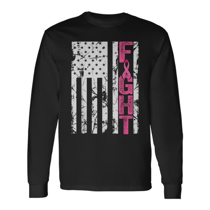 Fight Breast Survivor American Flag Breast Cancer Awareness Long Sleeve T-Shirt