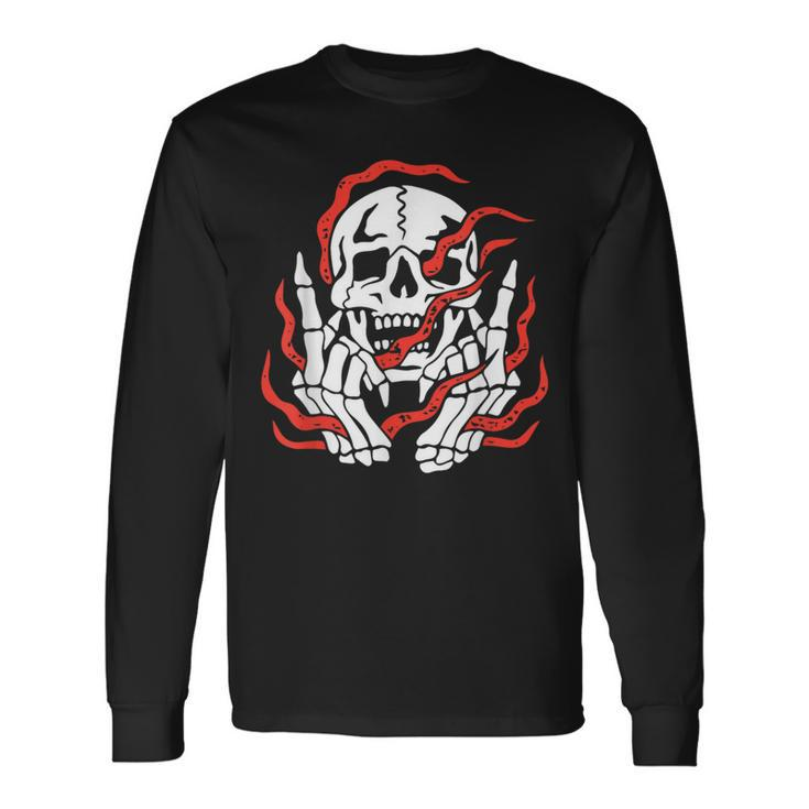 Fire Skeleton Halloween Costume Scary Goth Gothic Skull Long Sleeve T-Shirt
