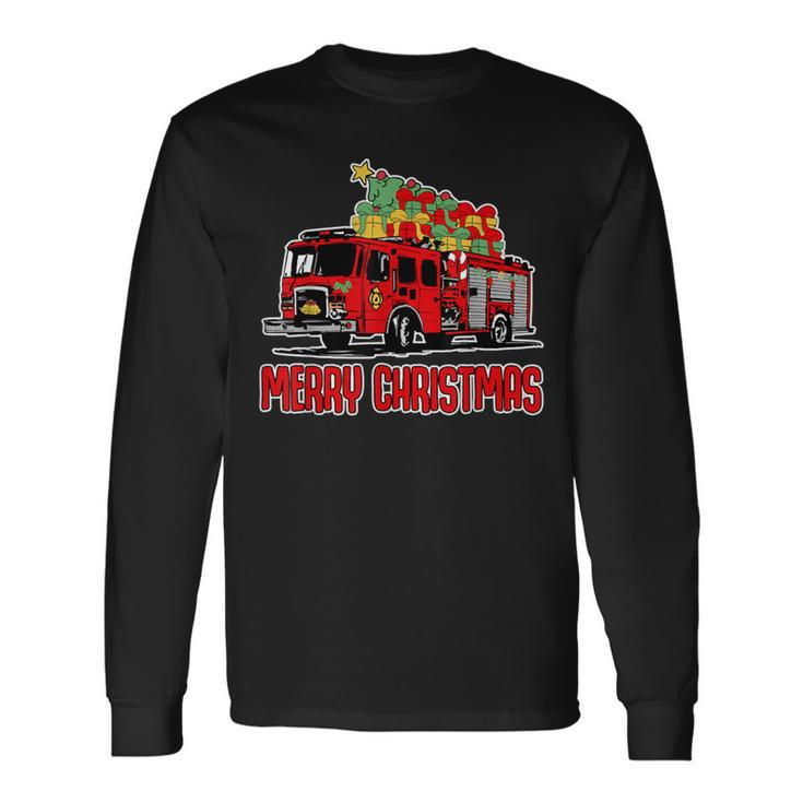 Firetruck Santa Sleigh Fireman Christmas Firefighter Long Sleeve T-Shirt