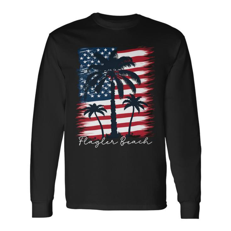 Flagler Beach Patriotic American Flag Palm Trees Long Sleeve T-Shirt