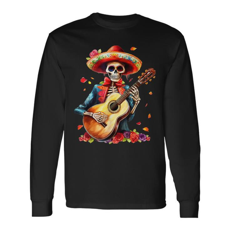 Floral Guitar Dia De Los Muertos Cute Mariachi Day Of Dead Long Sleeve T-Shirt