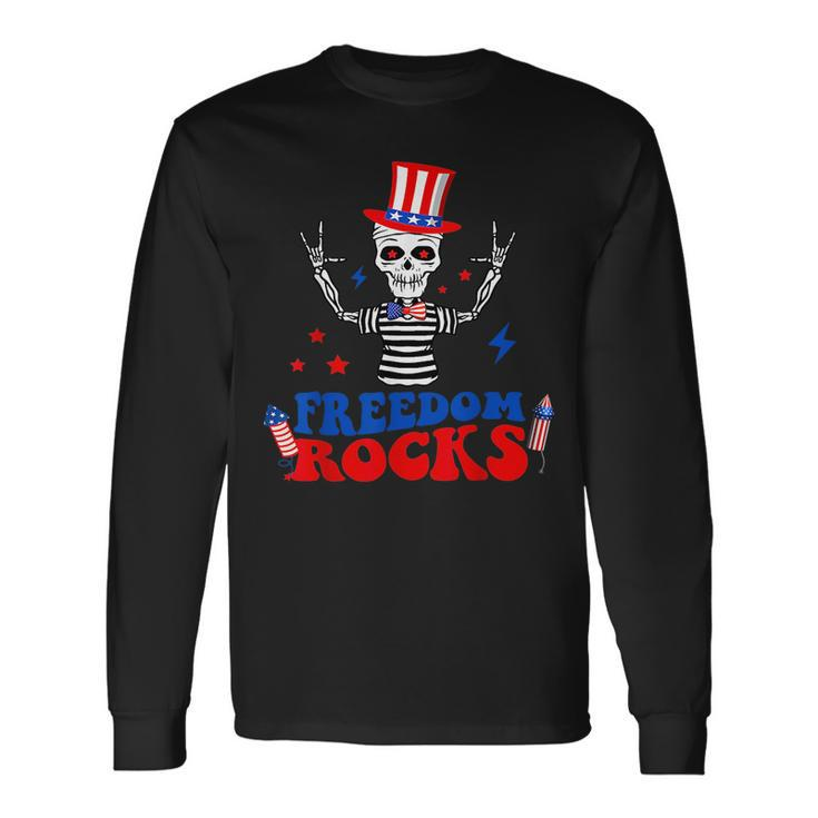 Freedom Rocks Skeleton American Flag Independence Day 1776 1776 Long Sleeve T-Shirt T-Shirt