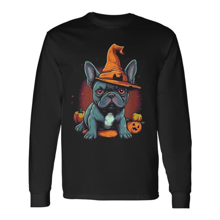 French Bulldog Witch Hat Halloween Costume Dog Lover Puppy Long Sleeve T-Shirt