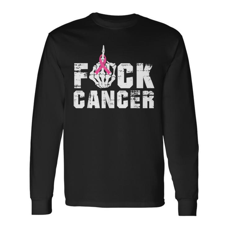 Fuck Cancer Skeleton Middle Breast Cancer Warrior Octocber Long Sleeve T-Shirt
